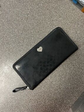 Coach Black Signature Zip Wallet with Heart Logo